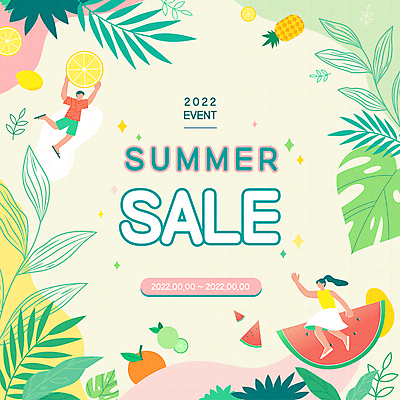 전신 여자 남자 잎 오렌지 일러스트 수박 들기 앉기 이벤트 성인 타이포그라피 두명 여름 반짝임 쇼핑 세일 레몬 파인애플 손인사 라임 야자수잎 몬스테라 베이지색 수박조각 얼굴없음 성인만 트로피컬아트 여름맞이 프로모션 국내일러스트 AI파일 식물 문자 계절 컬러 조각 과일 모션 사람 인사 열대과일 그림 파일형식 벡터 여름_계절