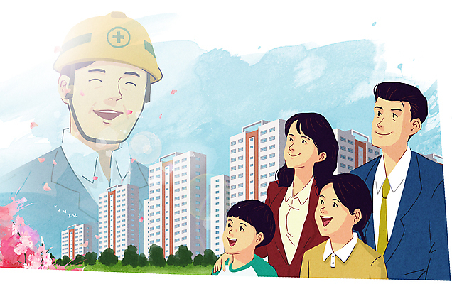 PSD 여자 남자 건축 꽃잎 어린이 일러스트 가족 하늘 노동자 아파트 공사 미소 웃음 소녀 소년 여러명 상반신 성인 부모 자녀 안전모 공사인부 분양 거주 어깨에손 건설근로자 국내일러스트 직업 꽃 다수 관계 모션 부동산 주택 건설업 표정 사람 헬멧 안전장비 파일형식