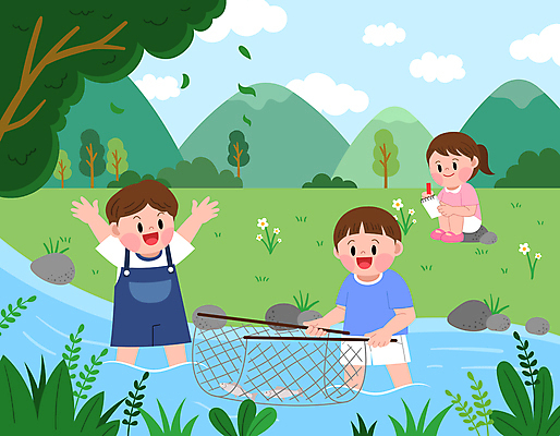 전신 나무 구름 여자 남자 어린이 일러스트 자연 하늘 나뭇잎 산 어류 서기 웃음 들기 앉기 소녀 소년 세명 계곡 만세 돌_바위 뜰채 풀 그리기 즐거움 생태계 스프링노트 자연학습 물고기잡기 자연관찰 자연친화 자연친화적 어린이만 언스쿨링 국내일러스트 AI파일 자연요소 식물 교육 감정 잎 모션 표정 사람 공책 수중동물 관찰 잡기 체험학습 낚시용품 파일형식 벡터