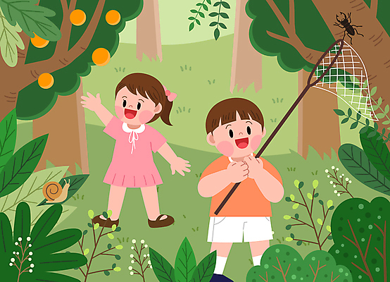 전신 나무 여자 열매 남자 어린이 일러스트 자연 서기 웃음 들기 소녀 소년 두명 손들기 풀 숲속 즐거움 달팽이 곤충채집 자연학습 채집망 자연관찰 자연친화 자연친화적 장수풍뎅이 어린이만 언스쿨링 국내일러스트 AI파일 식물 교육 감정 곤충 모션 연체동물 표정 사람 관찰 체험학습 숲 수집 생태계 파일형식 벡터