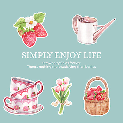 JPG 해외이미지 스티커 일러스트 딸기 사람없음 쌓기 바구니 물뿌리개 튤립 찻잔 손그림 딸기꽃 엘리먼트 딸기잎 해외일러스트 꽃 잎 과일 모션 잔 파일형식 이미지허브