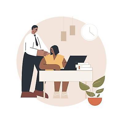 EPS 해외이미지 전신 여자 남자 화분 시계 일러스트 직장 서기 앉기 성인 두명 노트북 쌓기 금지 책상 심플 베이지색 성희롱 책더미 피해자 성인만 어깨에손 직장내괴롭힘 해외일러스트 컬러 가구 회사 모션 사람 책 전자제품 피해 사회이슈 무더기 성범죄 파일형식 벡터 이미지허브