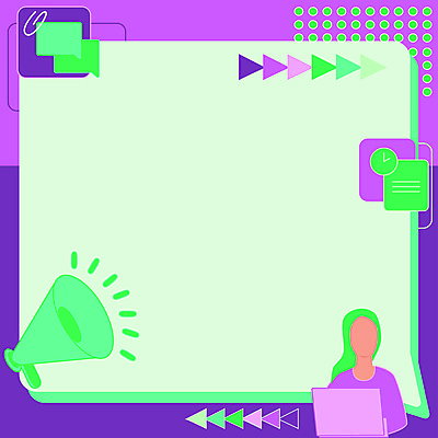 JPG 해외이미지 디자인 여자 백그라운드 말풍선 일러스트 비즈니스 프레임 한명 상반신 성인 연두색 보라색 확성기 메시지 얼굴없음 성인여자한명만 카피스페이스 해외일러스트 1 컬러 사람 초록색 공백 여자한명만 성인여자만 파일형식 이미지허브