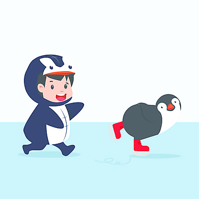 JPG 해외이미지 전신 한마리 남자 어린이 하늘색 한명 소년 사람없음 귀여움 펭귄 펭귄캐릭터 동물탈 아이스스케이트 소년한명만 해외일러스트 1 동물캐릭터 컨셉 조류 사람 파란색 탈 남자한명만 소년만 파일형식 이미지허브