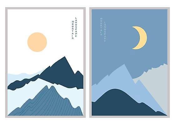 EPS 해외이미지 주간 디자인 백그라운드 일러스트 아침 추상 산 사람없음 파란색 세트 태양 야간 초승달 그림 미니멀 해외일러스트 자연요소 컬러 무늬 달 파일형식 벡터 이미지허브