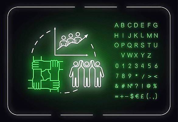 EPS 해외이미지 손 알파벳 화살표 선 백그라운드 일러스트 그래프 사람 여러명 타이포그라피 손들기 손잡기 화려 묶기 심볼 상승 네온 형광등 해외일러스트 문자 영어 다수 컨셉 모션 전등 신체부위 파일형식 벡터 이미지허브