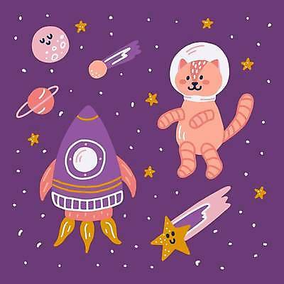 EPS 해외이미지 한마리 별 일러스트 사람없음 우주 보라색 고양이 행성 로켓 유성 우주복 해외일러스트 자연요소 1 옷 컬러 포유류 반려동물 파일형식 벡터 이미지허브