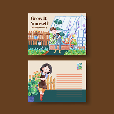 JPG 해외이미지 전신 식물 디자인 여자 남자 꽃 잎 일러스트 서기 들기 성인 두명 물뿌리개 삽 엽서 갈퀴 베이지색 온실 성인만 해외일러스트 컬러 모션 사람 편지 파일형식 이미지허브