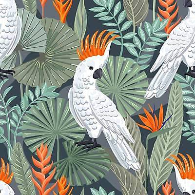 EPS 해외이미지 줄기 백그라운드 패턴 여러마리 일러스트 조류 사람없음 패턴백그라운드 시원함 열대잎 왕관앵무새 보테니컬아트 해외일러스트 식물 동물 다수 잎 무늬 앵무새 파일형식 벡터 이미지허브