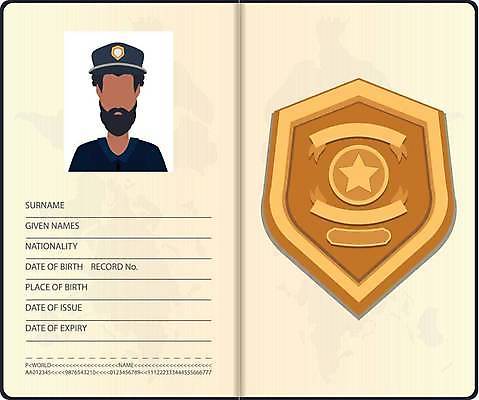 EPS 해외이미지 디자인 별 일러스트 사람 빛 사무실 노란색 금속 어둠 회색 흰색 신용카드 지갑 황금 플랫 경찰 보호 중개인 심볼 오브젝트 사인 문서 보안 신분 법 배지 방패 공정 탐정 휘장 고립 면허증 신분증 장교 해외일러스트 자연요소 직업 컬러 컨셉 비즈니스 재질 안전 금융 면허 증명서 파일형식 벡터 이미지허브