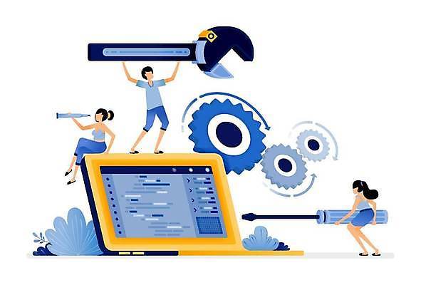 EPS 해외이미지 여자 교육 남자 잎 일러스트 들기 앉기 성인 세명 파란색 노트북 다리꼬기 스패너 톱니바퀴 성인만 해외일러스트 식물 컬러 모션 사람 전자제품 공구 파일형식 벡터 이미지허브