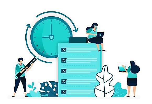 EPS 해외이미지 전신 여자 남자 시계 잎 일러스트 비즈니스 들기 앉기 성인 세명 노트북 볼펜 스마트 체크표시 민트색 성인만 해외일러스트 식물 컬러 컨셉 모션 사람 전자제품 펜 확인 파일형식 벡터 이미지허브