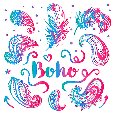 JPG 해외이미지 화살표 별 일러스트 사람없음 장식 빨간색 파란색 하트 점 깃털 보헤미아 히피 해외일러스트 자연요소 모양 컬러 파일형식 이미지허브