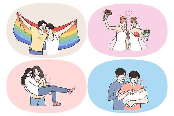 EPS 해외이미지 라이프스타일 여자 남자 부케 웨딩드레스 결혼 무지개 일러스트 안기 어깨동무 들기 여러명 상반신 성인 일상 하트 깃발 아기 동성애자 입양 성인만 들어올리기 성소수자 해외일러스트 자연요소 모양 드레스 꽃다발 포즈 다수 모션 사람 이벤트 라이프 생활 파일형식 벡터 이미지허브