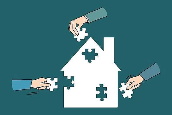 EPS 해외이미지 손 일러스트 비즈니스 들기 신체부위 잡기 퍼즐조각 청록색 집모양 해외일러스트 모양 컬러 조각 모션 사람 퍼즐 파일형식 벡터 이미지허브