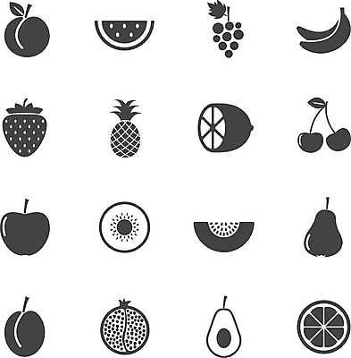 EPS 해외이미지 오렌지 일러스트 딸기 포도 수박 바나나 키위 사람없음 세트 픽토그램 검은색 체리 사과 레몬 파인애플 복숭아 석류 서양배 아보카도 서양자두 해외일러스트 컬러 과일 배_과일 열대과일 파일형식 벡터 이미지허브