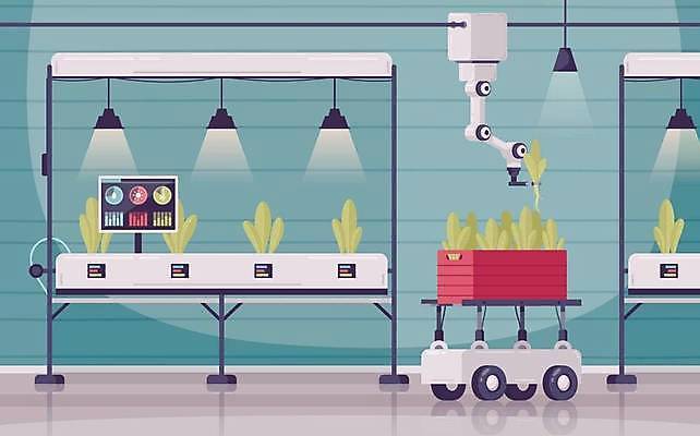 EPS 해외이미지 하늘색 일러스트 공장 조명 사람없음 농장 모니터 농사 로봇 스마트팜 해외일러스트 농업 공업 파란색 컴퓨터 파일형식 벡터 이미지허브