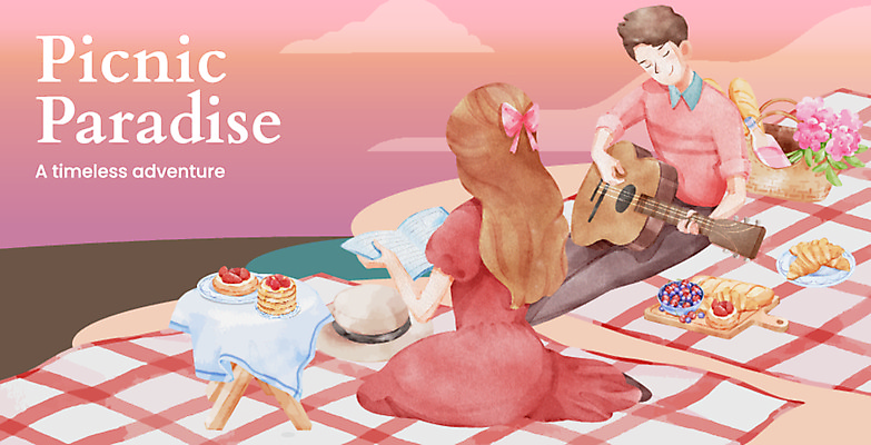 JPG 해외이미지 전신 배너 커플 여자 남자 행복 분홍색 연주 일러스트 휴식 함께함 들기 앉기 성인 두명 책 소풍 기타 크루아상 돗자리 팬케이크 소풍바구니 성인만 해외일러스트 감정 음악 빵 컬러 컨셉 관계 모션 현악기 사람 야외활동 바구니 케이크 파일형식 이미지허브