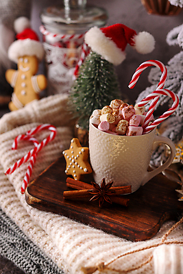 포토 JPG 해외이미지 크리스마스 산타모자 크리스마스용품 실내 사람없음 아웃포커스 쿠키 코코아 마시멜로우 나무도마 지팡이사탕 해외포토 모자_잡화 기념일 음료 디저트 도마 촬영기법 사탕 내부 목재 용품 파일형식 이미지허브
