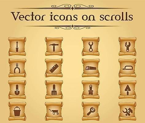 EPS 해외이미지 일러스트 자 사람없음 세트 갈색 스패너 붓 빈티지 망치 두루마리 모종삽 양동이 심볼 톱 니퍼 스크롤 양피지 일륜차 해외일러스트 컬러 컨셉 문구용품 수레 공구 삽 파일형식 벡터 이미지허브