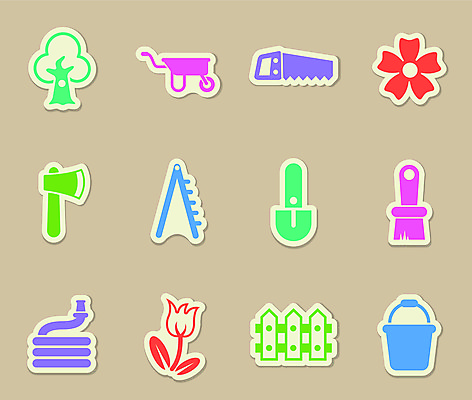 포토 JPG 해외이미지 나무 꽃 스티커 사다리 사람없음 울타리 세트 컬러풀 라벨 수레 붓 모종삽 양동이 도끼 호스 톱 해외포토 식물 컬러 프레임 담장 카트 도구 공구 삽 파일형식 이미지허브