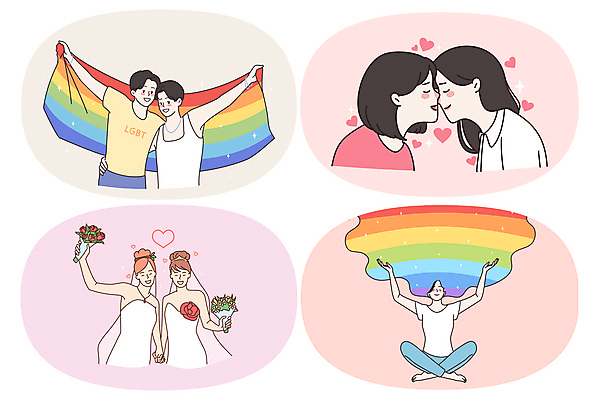 JPG 해외이미지 전신 라이프스타일 여자 남자 행복 분홍색 부케 웨딩드레스 무지개 일러스트 결혼식 어깨동무 사랑 들기 앉기 여러명 상반신 성인 손들기 손잡기 하트 깃발 이마맞대기 동성애자 성인만 성소수자 해외일러스트 자연요소 모양 드레스 감정 컬러 꽃다발 포즈 다수 결혼 모션 사람 생활 얼굴맞대기 파일형식 이미지허브