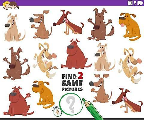 EPS 해외이미지 동물 캐릭터 디자인 교육 어린이 일러스트 장난 놀이 그래픽 반려동물 유치원 시험 게임 쌍 퍼즐 개 강아지 어플리케이션 만화 그림 문제집 발견 똑같은 해외일러스트 일러캐릭터 포유류 사람 책 파일형식 벡터 이미지허브