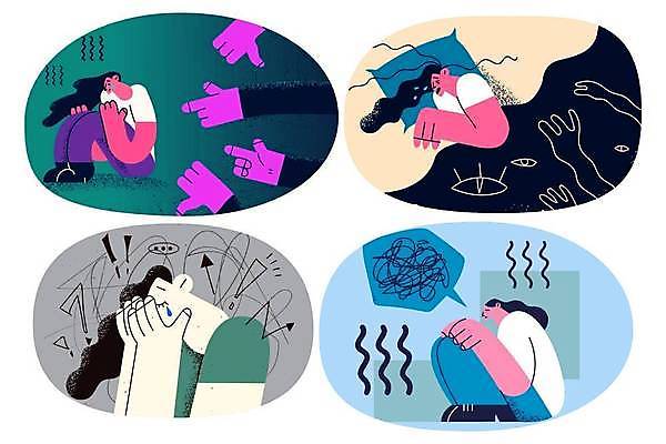 EPS 해외이미지 전신 라이프스타일 손 여자 말풍선 일러스트 여러명 상반신 성인 신체부위 슬픔 가리킴 느낌표 무서움 눈물 공포 웅크림 비난 우울감 우울증 성인여자만 해외일러스트 기호 감정 다수 모션 사람 손짓 생활 질병 여자만 성인만 파일형식 벡터 이미지허브