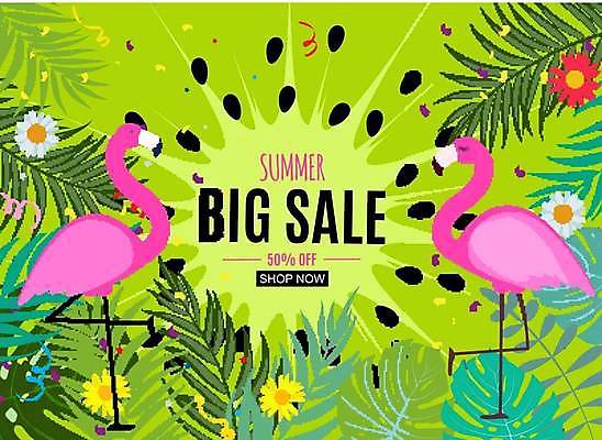 EPS 해외이미지 배너 꽃 두마리 일러스트 이벤트 사람없음 연두색 세일 플라밍고 빅세일 열대잎 여름맞이 해외일러스트 식물 잎 2 조류 초록색 파일형식 벡터 여름_계절 이미지허브