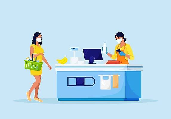 EPS 해외이미지 전신 여자 장갑 일러스트 식재료 봉투 바나나 마스크 들기 상반신 성인 두명 우유 소시지 계산대 장바구니 직원 전염 전염병 성인여자만 해외일러스트 잡화 과일 모션 유제품 사람 쇼핑 바구니 가공식품 질병 감염 여자만 성인만 파일형식 벡터 이미지허브