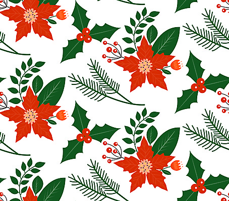 JPG 해외이미지 열매 꽃 백그라운드 잎 크리스마스 패턴 일러스트 사람없음 빨간색 초록색 포인세티아 호랑가시나무열매 해외일러스트 식물 기념일 컬러 무늬 파일형식 이미지허브