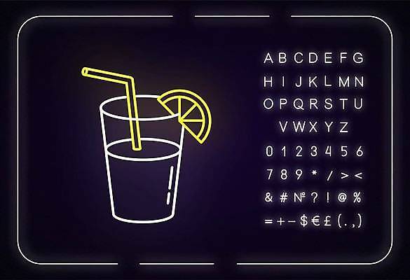 EPS 해외이미지 알파벳 선 조각 백그라운드 술잔 일러스트 빨대 타이포그라피 사람없음 칵테일 화려 레몬 심볼 네온 형광등 해외일러스트 문자 영어 컨셉 과일 전등 잔 주류 파일형식 벡터 이미지허브