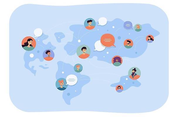 EPS 해외이미지 여자 남자 하늘색 말풍선 세계지도 일러스트 관계 대화 여러명 상반신 성인 글로벌 소셜네트워크 채팅 성인만 해외일러스트 다수 지도 말하기 사람 파란색 세계 파일형식 벡터 이미지허브