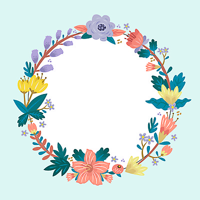 JPG 해외이미지 꽃 하늘색 잎 일러스트 사람없음 원형프레임 꽃프레임 아기자기 해외일러스트 식물 컨셉 프레임 파란색 원형 파일형식 이미지허브