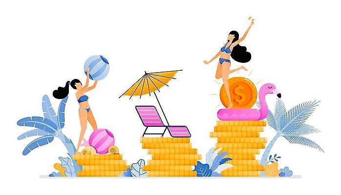 EPS 해외이미지 전신 식물 여자 수영복 여행 일러스트 성인 두명 야자수 동전 파라솔 비치볼 선베드 튜브 성인여자만 해외일러스트 나무 옷 돈 의자 공 바캉스용품 사람 여자만 성인만 파일형식 벡터 이미지허브