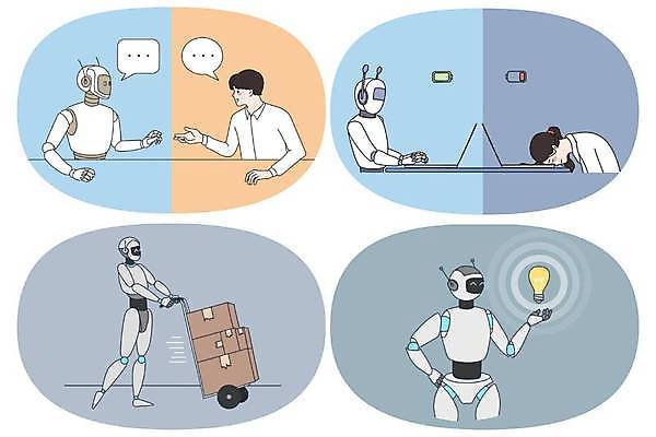 EPS 해외이미지 라이프스타일 여자 남자 엎드리기 허리손 말풍선 일러스트 전구 아이디어 피곤 대화 상반신 성인 두명 일상 수레 비즈니스맨 비즈니스우먼 운반 건전지 로봇 동료 택배상자 방류 성인만 AI_인공지능 해외일러스트 포즈 컨셉 비즈니스 관계 모션 말하기 사람 라이프 생활 상자 카트 직장인 택배 파일형식 벡터 이미지허브