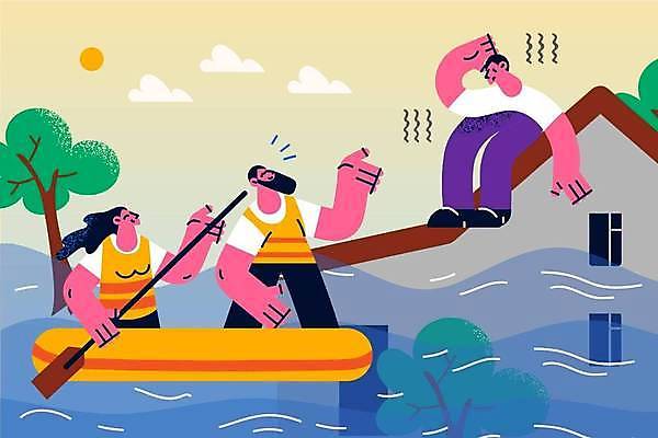 EPS 해외이미지 전신 나무 라이프스타일 여자 남자 일러스트 지붕 주택 서기 들기 앉기 상반신 성인 세명 손들기 홍수 노 고무보트 구조대 성인만 해외일러스트 식물 모션 사람 건물 생활 구출 자연재해 선박 파일형식 벡터 이미지허브