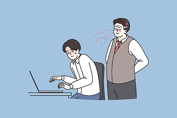 JPG 해외이미지 라이프스타일 응시 남자 하늘색 의자 일러스트 서기 앉기 상반신 성인 두명 일상 비즈니스라이프 노트북 비즈니스맨 상사 뒷짐 감시 부하직원 성인남자만 불편함 해외일러스트 시선 가구 비즈니스 모션 사람 라이프 생활 파란색 전자제품 직장인 감각 남자만 성인만 파일형식 이미지허브