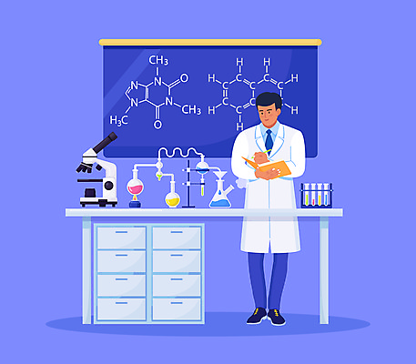 JPG 해외이미지 전신 응시 남자 일러스트 건강 현미경 실험기구 한명 서기 들기 성인 책 파란색 건강관리 칠판 화학 연구원 책상 플라스크 화학구조 화학식 성인남자한명만 해외일러스트 직업 1 시선 컬러 과학 가구 모션 관리 사람 공식 남자한명만 성인남자만 파일형식 이미지허브