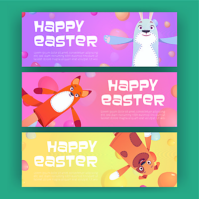 JPG 해외이미지 배너 행복 인형 백그라운드 일러스트 놀이 부활절 이벤트 사람없음 장난감 파티 계란 축하 토끼 개 여우 해외일러스트 기념일 감정 컨셉 포유류 반려동물 알 파일형식 이미지허브