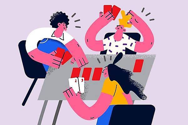 EPS 해외이미지 전신 라이프스타일 여자 남자 의자 일러스트 들기 앉기 상반신 성인 세명 트럼프 책상 손뻗기 성인만 해외일러스트 가구 모션 사람 생활 놀이용품 파일형식 벡터 이미지허브