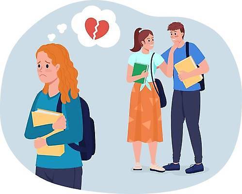 EPS 해외이미지 커플 여자 남자 말풍선 가방 일러스트 청소년 들기 책 세명 슬픔 하트 이별 깨짐 십대만 해외일러스트 모양 잡화 감정 컨셉 관계 모션 사람 파일형식 벡터 이미지허브