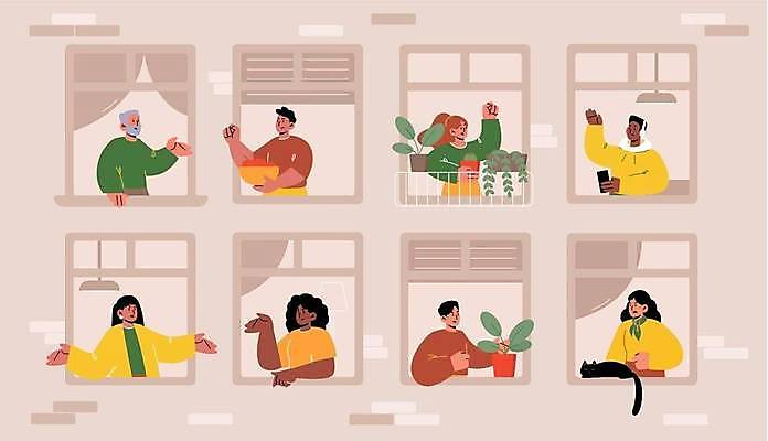 EPS 해외이미지 식물 여자 노년 남자 일러스트 창문 아파트 함께함 대화 들기 여러명 성인 건물 손들기 헤드폰 고양이 도시 창가 손인사 다인종 이웃 해외일러스트 건축물 음향기기 다수 컨셉 포유류 모션 주택 말하기 사람 인종 반려동물 인사 파일형식 벡터 이미지허브