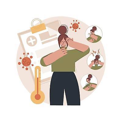 EPS 해외이미지 여자 일러스트 여러명 상반신 성인 눈감음 고통 열 온도계 두통 기침 발열 증상 진단서 손짚기 성인여자만 코로나바이러스 델타변이바이러스 오미크론 해외일러스트 감정 다수 모션 사람 손짓 진료 바이러스 질병 여자만 성인만 파일형식 벡터 이미지허브