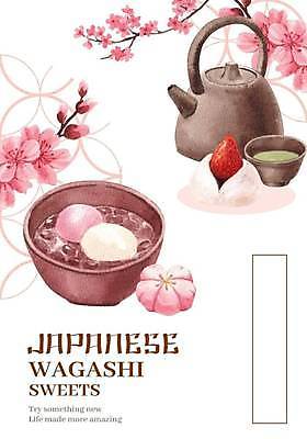 EPS 해외이미지 포스터 분홍색 일러스트 디저트 사람없음 벚꽃 흰색 찻잔 찻주전자 단팥죽 모찌 화과자 일본음식 해외일러스트 꽃 음식 컬러 주전자 잔 과자 죽 파일형식 벡터 이미지허브