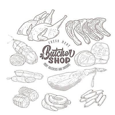 EPS 해외이미지 일러스트 육류 돼지고기 사람없음 닭고기 소고기 소시지 스케치 햄 양고기 정육점 해외일러스트 식재료 미술 상점 가공식품 파일형식 벡터 이미지허브