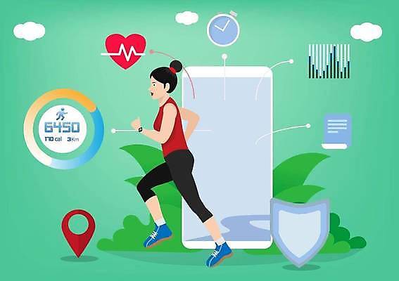 EPS 해외이미지 전신 여자 잎 일러스트 그래프 사람모양 건강 한명 성인 초록색 스마트폰 운동복 달리기 운동 건강관리 기록 어플리케이션 맥박 방패 스마트워치 성인여자한명만 해외일러스트 모양 식물 1 옷 컬러 의학 모션 관리 사람 핸드폰 스마트기기 웨어러블 여자한명만 성인여자만 파일형식 벡터 이미지허브