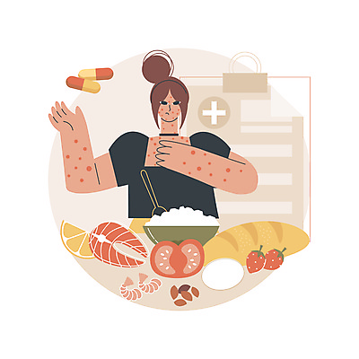 JPG 해외이미지 여자 음식 빵 토마토 과일 일러스트 딸기 새우 한명 상반신 성인 약 손들기 우유 견과류 점 질병 위험 레몬 연어 알레르기 증상 진단서 성인여자한명만 해외일러스트 1 컨셉 채소 의학 모션 유제품 갑각류 어류 사람 진료 여자한명만 성인여자만 파일형식 이미지허브