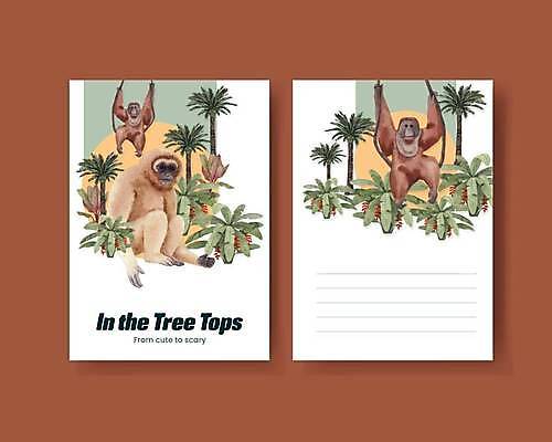 EPS 해외이미지 디자인 열매 일러스트 매달리기 세마리 사람없음 야자수 잡기 덩굴 엽서 오랑우탄 열대잎 해외일러스트 나무 식물 잎 포유류 모션 3 편지 파일형식 벡터 이미지허브