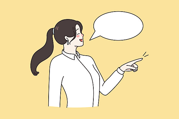 JPG 해외이미지 라이프스타일 여자 말풍선 일러스트 커뮤니케이션 말하기 한명 상반신 성인 일상 노란색 가리킴 성인여자한명만 해외일러스트 1 컬러 모션 사람 손짓 라이프 생활 여자한명만 성인여자만 파일형식 이미지허브